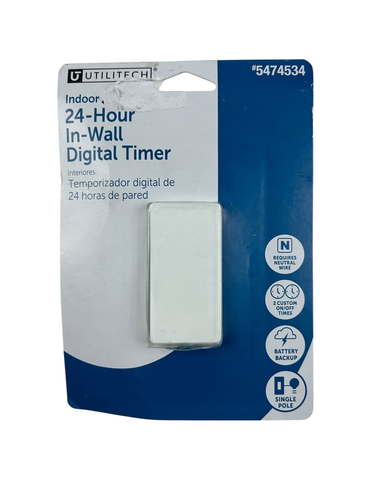 Utilitech 24 Hour In-Wall Digital Timer Single Pole Battery Backup #5474534 NOB