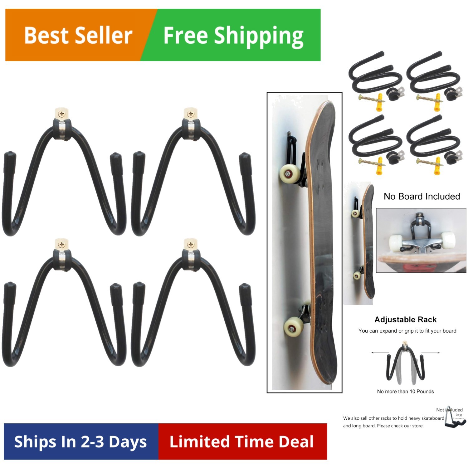 Skateboard Wall Mount Wall Hanger Rack Storage Display - W/Hardware - No Boar...