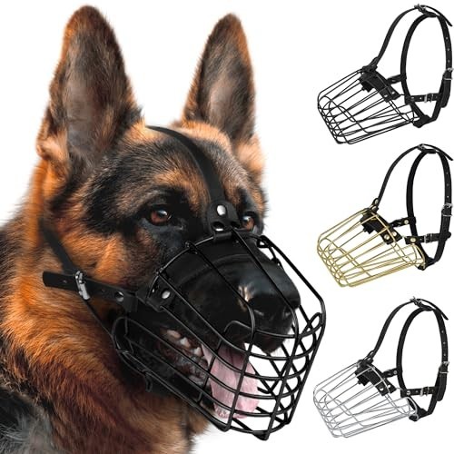 Adjustable Metal Basket Muzzle for Medium Large Dogs - Durable Leather Straps, S