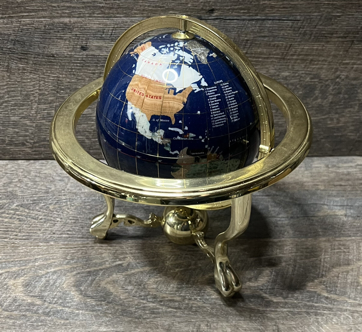 9.25’' Tall Handcrafted Gemstone World Map Globe B1