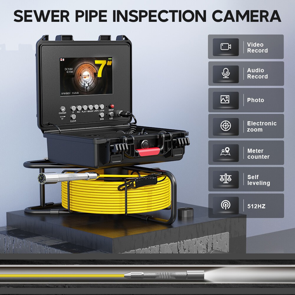 7" Monitor 20M Drain Sewer Camera 512HZ Self-Leveling Pipe Inspection Camera
