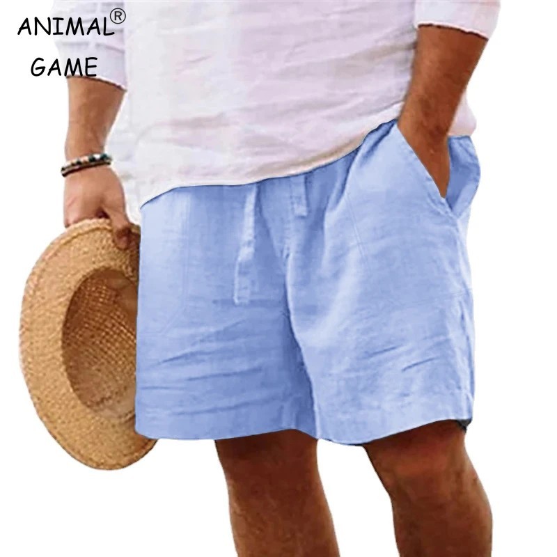 Mens Cotton Linen Gym Shorts Lightweight Summer Beach Jogging Comfort Pants Gift