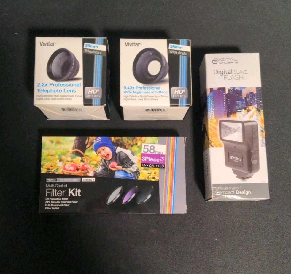 New Lot of Camera Accessories - Filter Kit, Flash & 2 Lenses