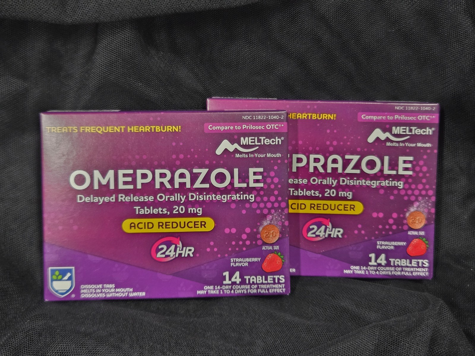 LOT of 2 - Rite Aid Omeprazole Tablets, 20 mg, Strawberry 14 CT ea - EXP 08/2026