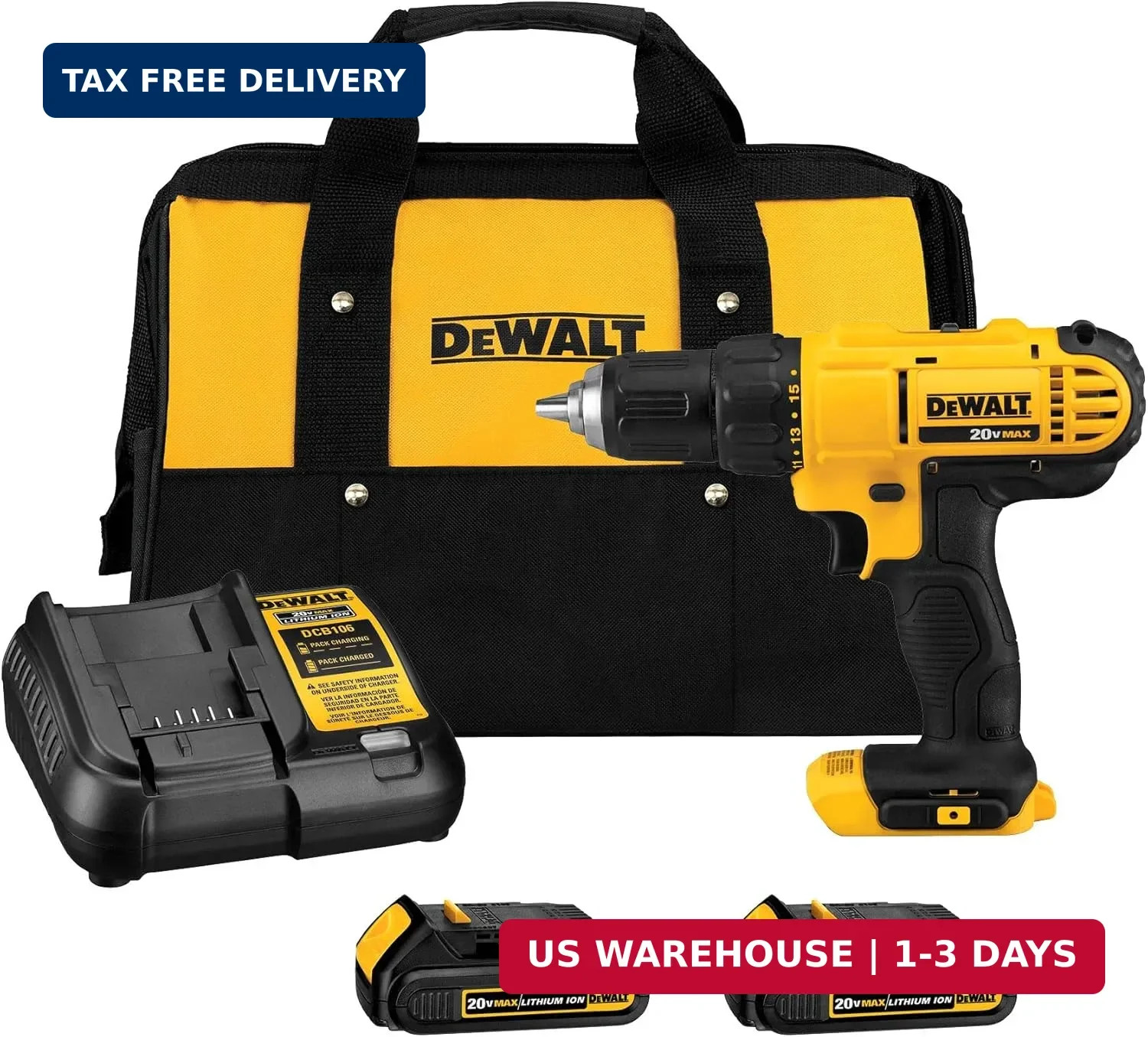 DEWALT 20V Max Cordless Drill Driver Set, 2 Speed, High Performance Motor, Inclu
