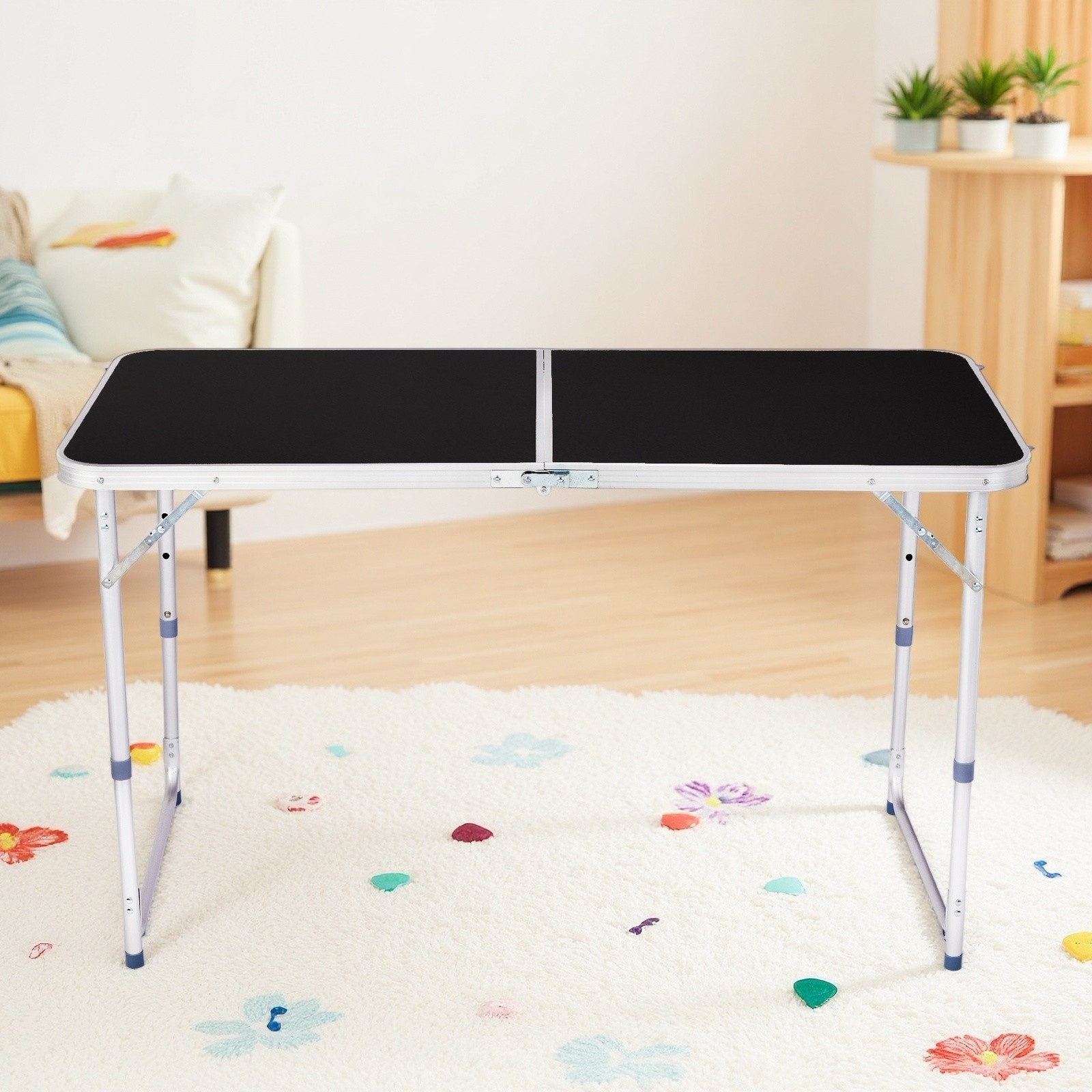 Folding Camping Table 4ft - Adjustable Patio Aluminum Frame Outdoor Picnic Black