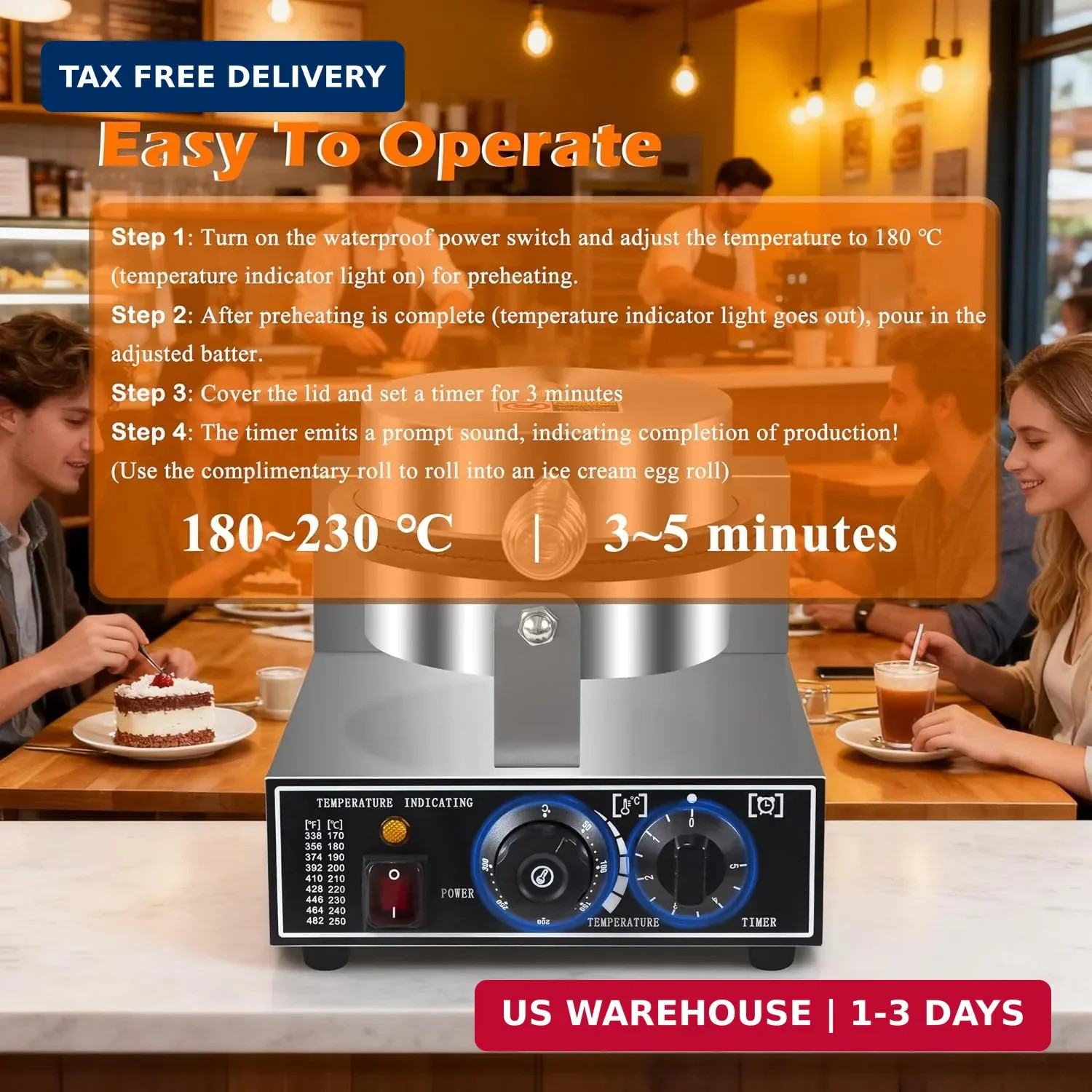 1300W Commercial Waffle Cone Maker Ice Cream Cone Machine Temp Timer Control