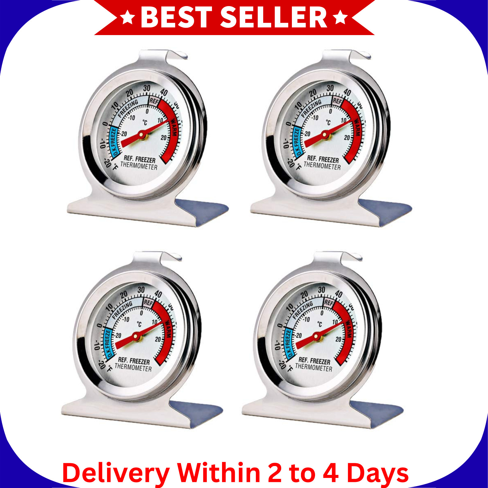 4 Pack Stainless Steel Refrigerator Freezer Thermometer Large Dial Fridge Gage