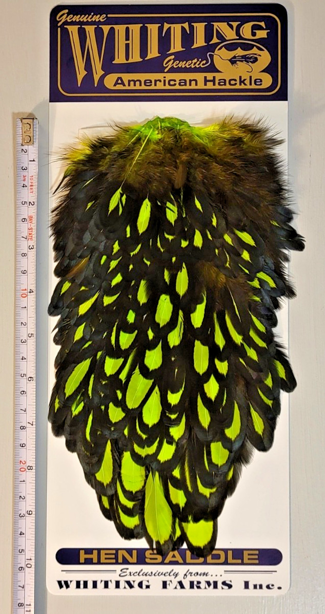 Whiting American Hen Saddle, BLW Dyed Fluor. Green Chartreuse, Fly Tying