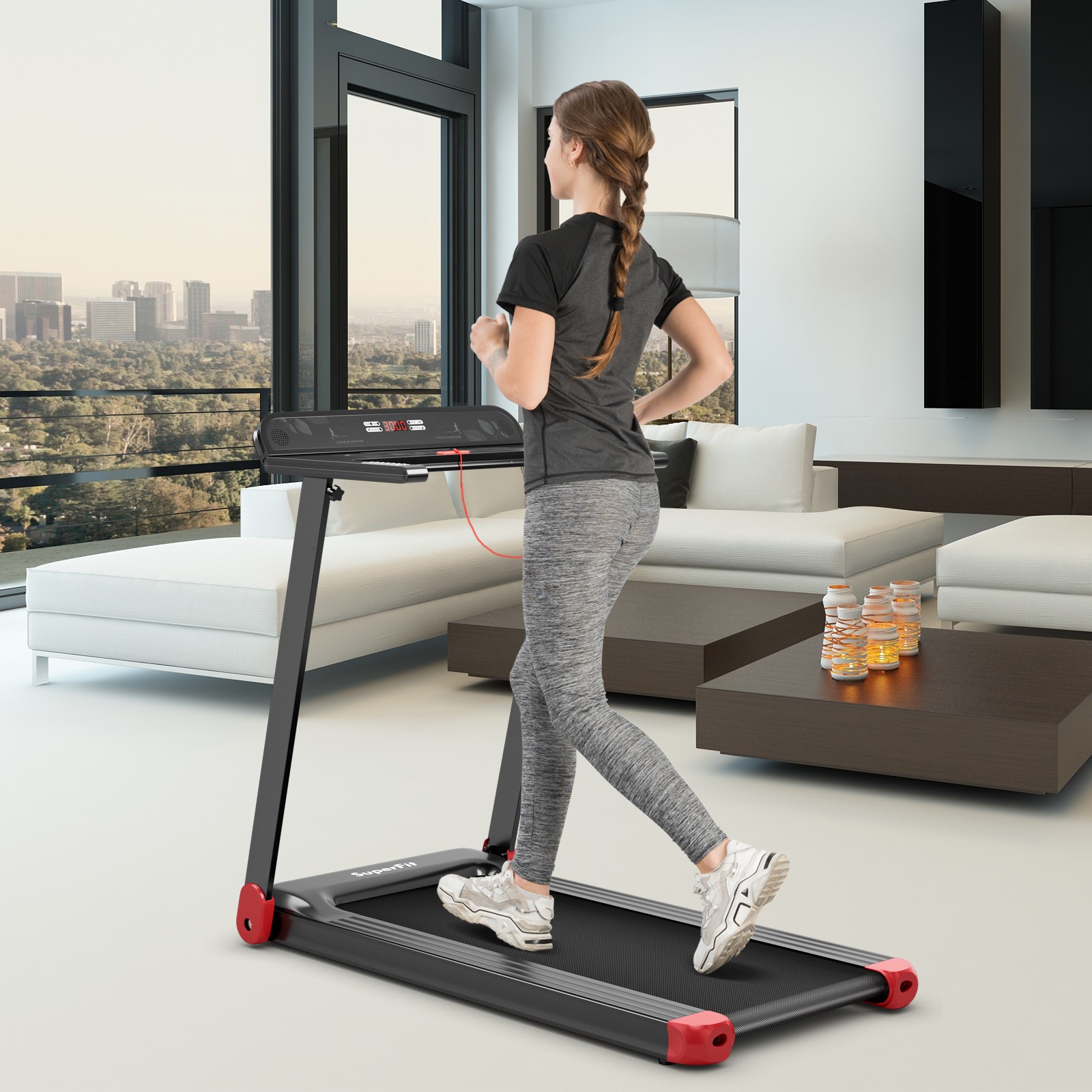 Electric Folding Treadmill Compact Walking Running Machine w/APP Control Speaker