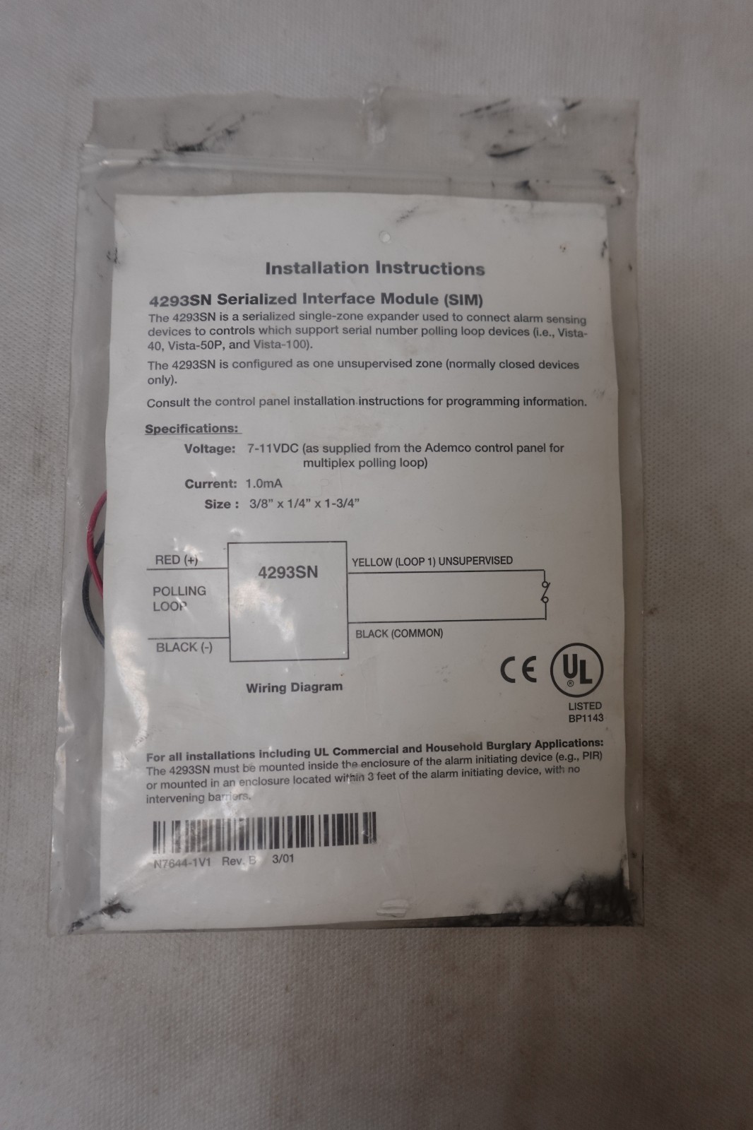 Ademco 4293SN Alarm System SIM Serialized Interface Module - NOS