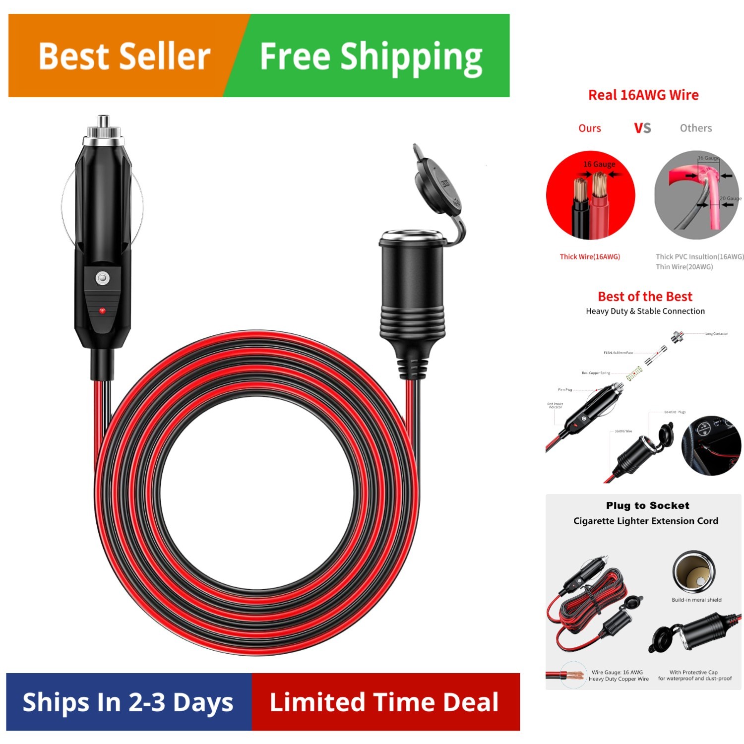 12/24V Car Cigarette Lighter Extension Cord - 20FT 16AWG Heavy Duty Extension...