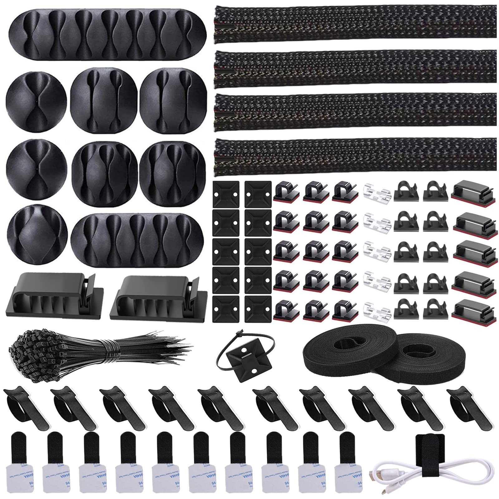 Cord Management Organizer Kit 4 Cable Sleeve split with 41Self 152 PCS, Black
