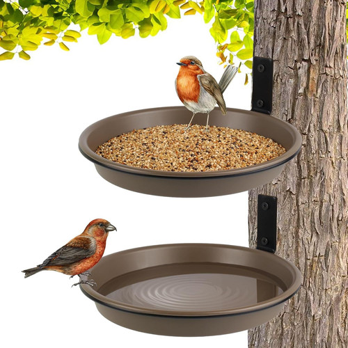 2 Pack Fence Bird Feeder Bath Tray for Outside, 8.4'' Plastic 2 Sets, Brown