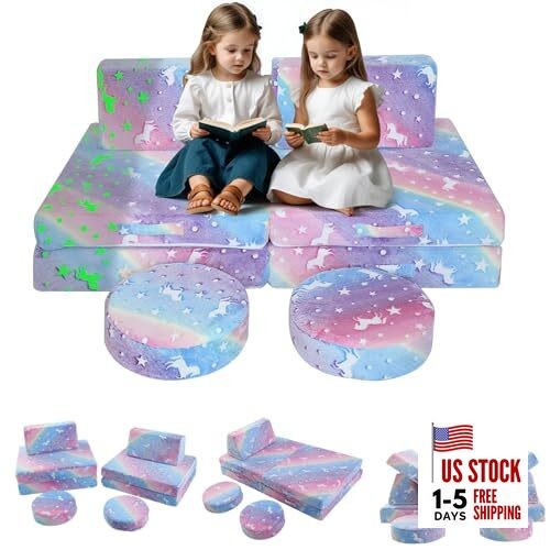 Modular Glow Sofa for Kids – 8-Piece Foam Play Couch Set Glowing Plush Rainbow