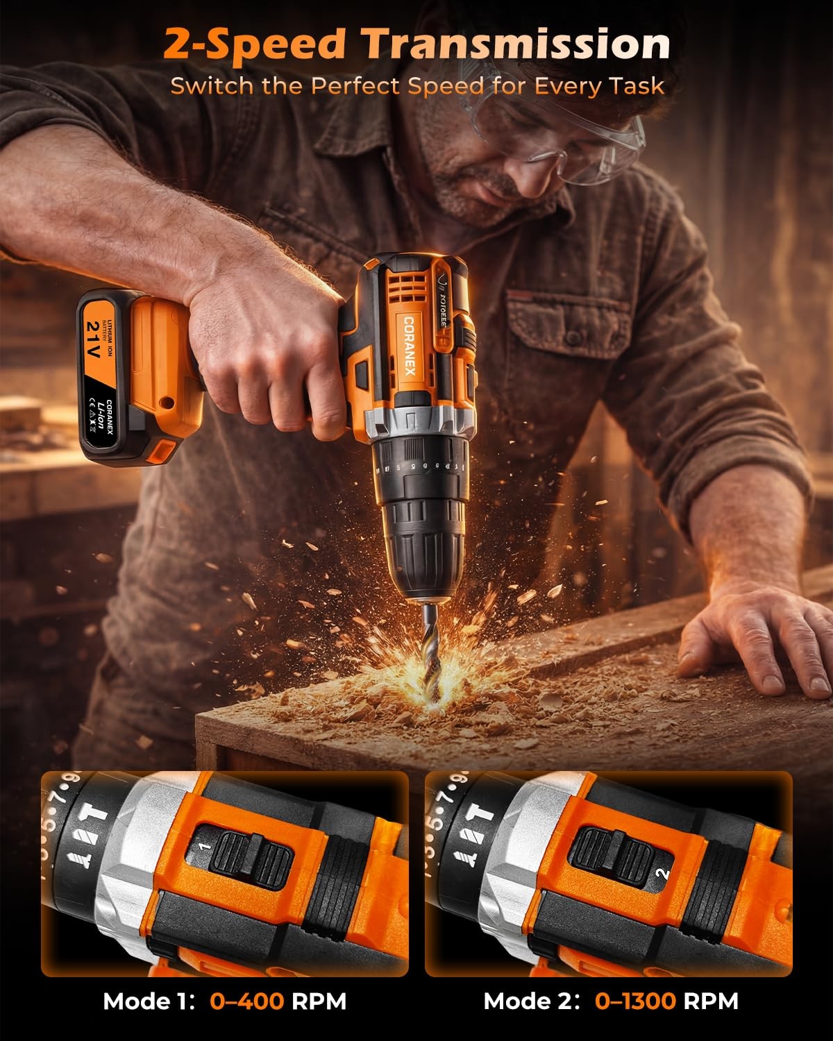 21V Cordless Drill Set with Case | Easy to Control & Lightweight | 2 Batteries