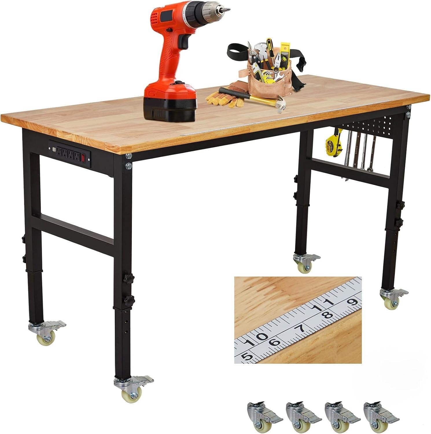 60" x 24" Workbench with Power Outlet, Scales, Pegboard, 6 Hooks, 2200 LBS