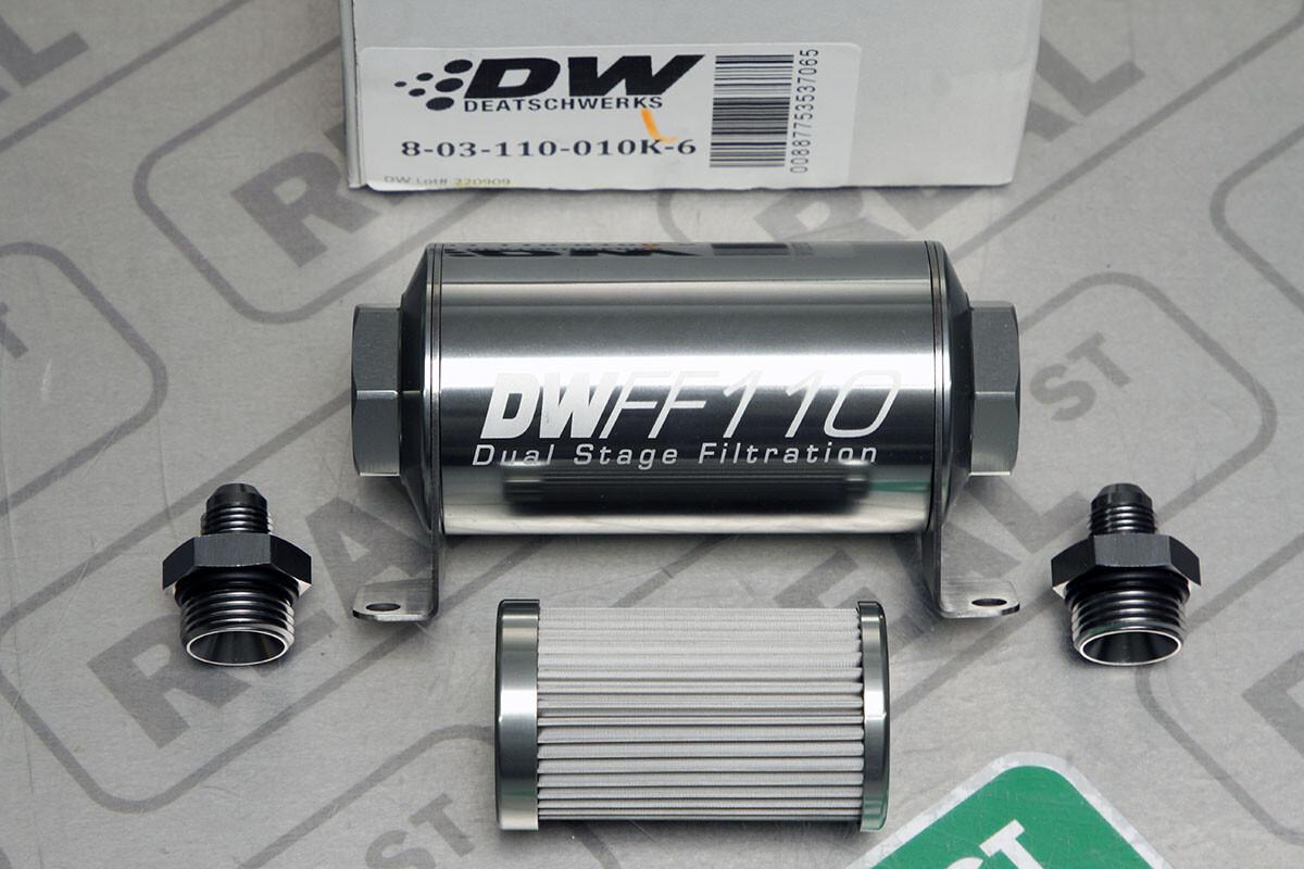 DW 110mm Inline Fuel Filter 10 Micron Stainless Steel E85 6 AN Male Universal