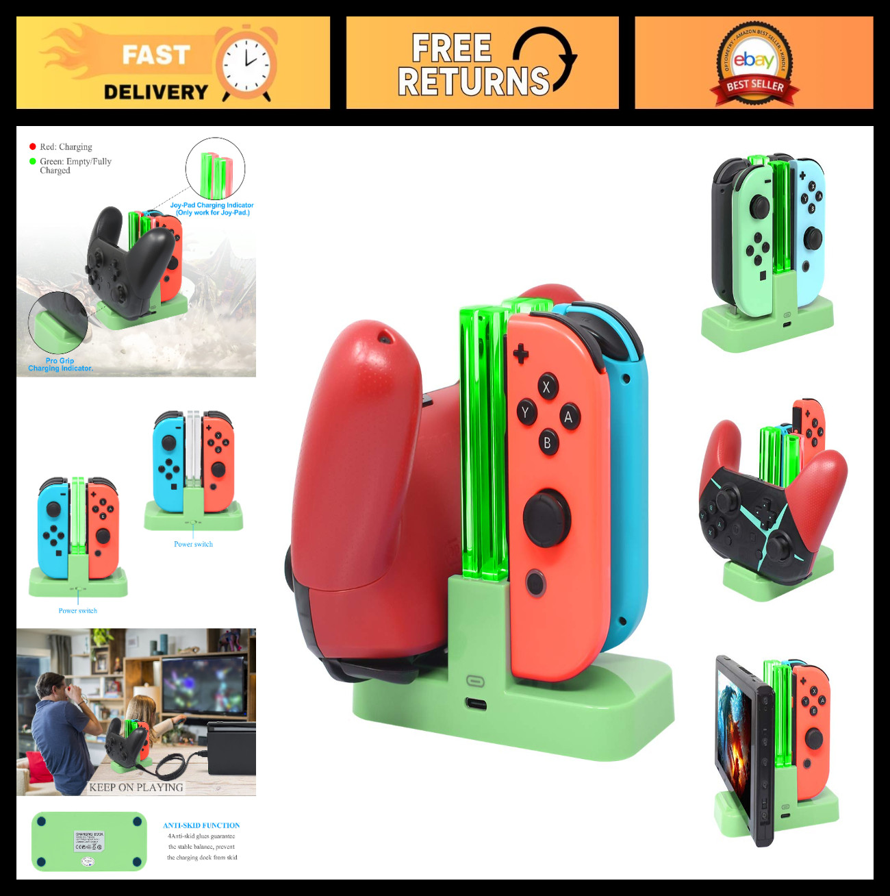 5-in-1 Nintendo Switch Charger Dock Station for Joy-Con Controllers, Fast Chargi