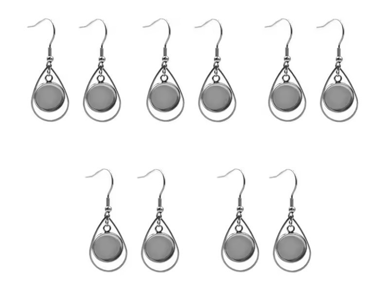 6 pc 304 Stainless Steel Silver Tone Earrings Dangle Bezel Teardrop Hooks 12mm