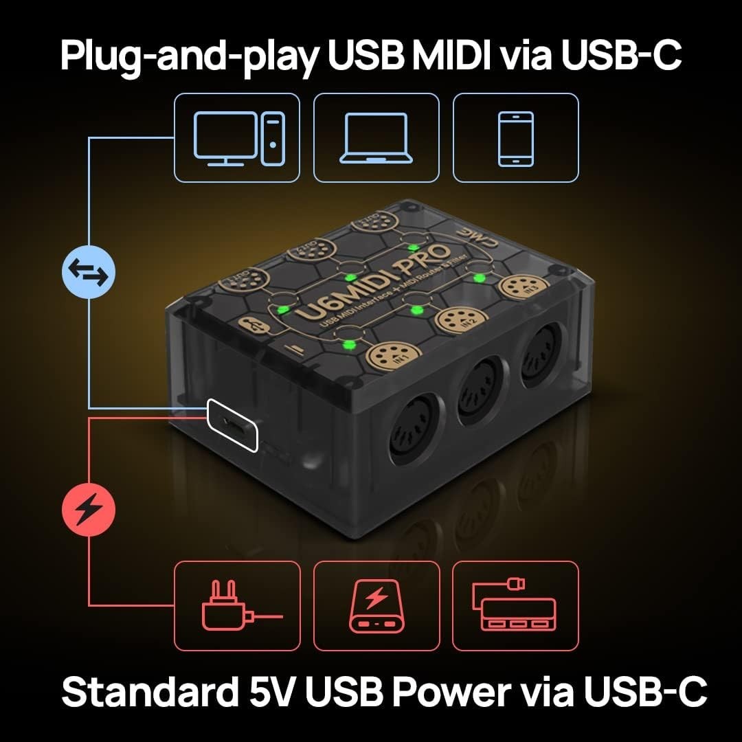 Professional USB-C MIDI Interface with 3-in-3-out Capability - Compact Design