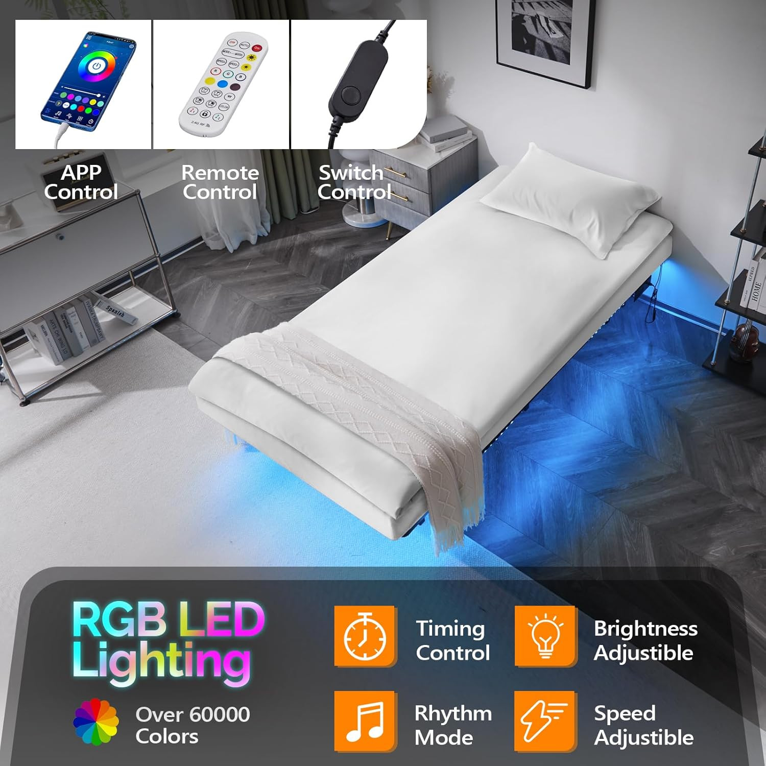 Twin Size Heavy Duty Metal Bed with USB Charging Station/LED Lights Floating