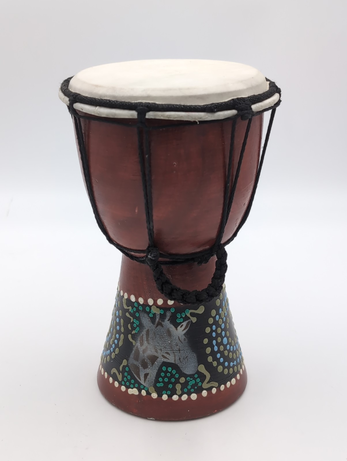 Djembe Hand Drum Carved Wood Approximately 10" Tall | Giraffes Painted On Base
