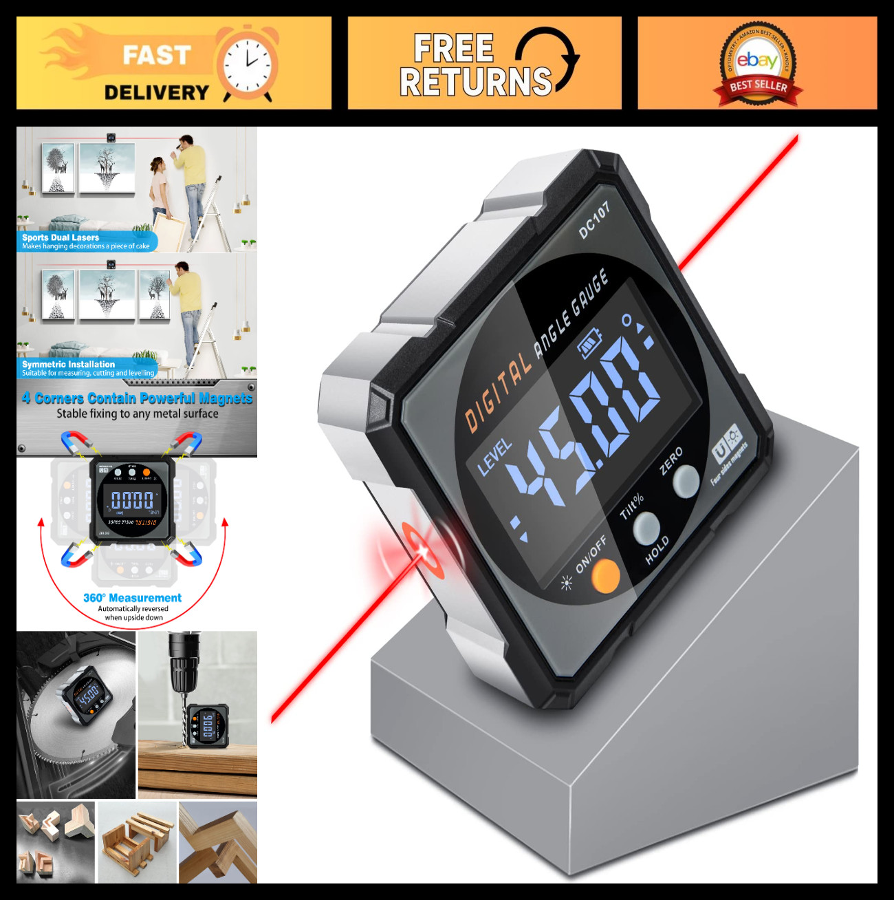 Digital Angle Finder with Laser - Magnetic Inclinometer, Miter Protractor, Backl