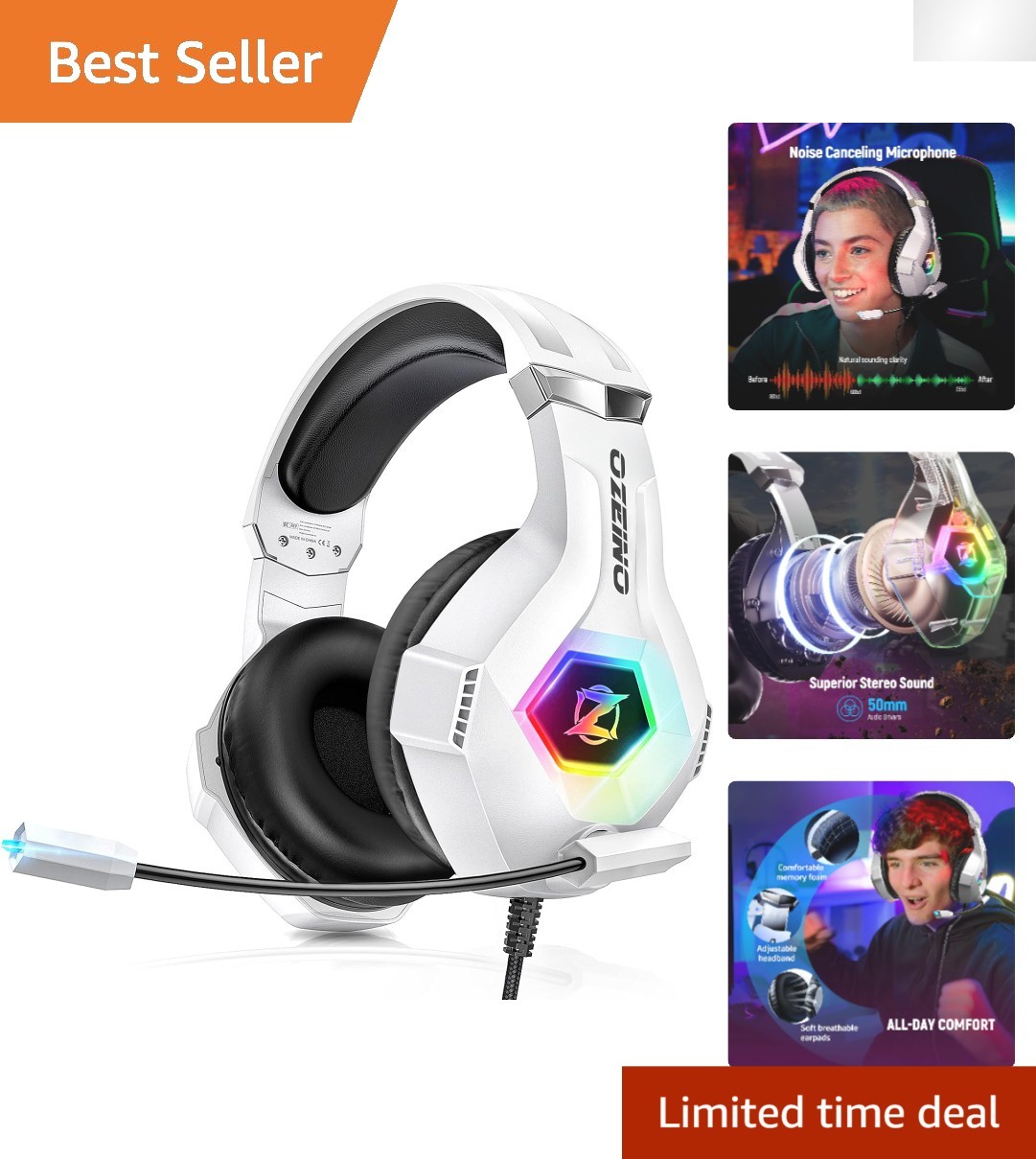 Modern White Gaming Headset - 7.1 Sound, Adjustable Fit & RGB Light Up Design