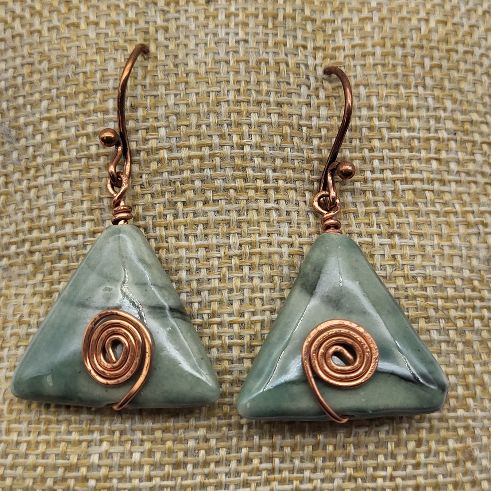 Lovely Artisan Glazed ceramic Wire wrap earrings pyramid boho triangle
