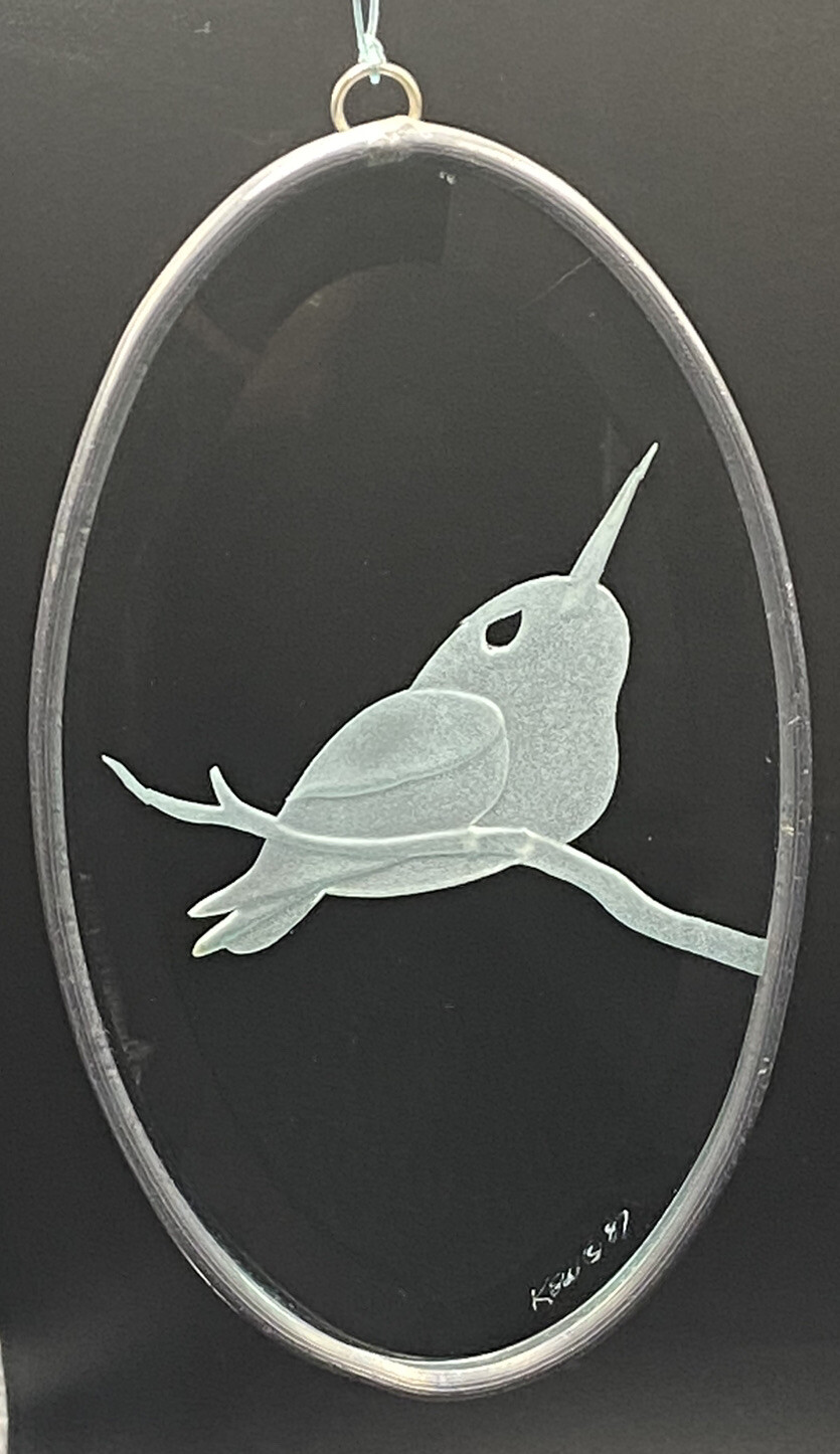 Vtg Clear Glass Window Hanging Suncatcher Etched Bird Metal Frame Signed KSW