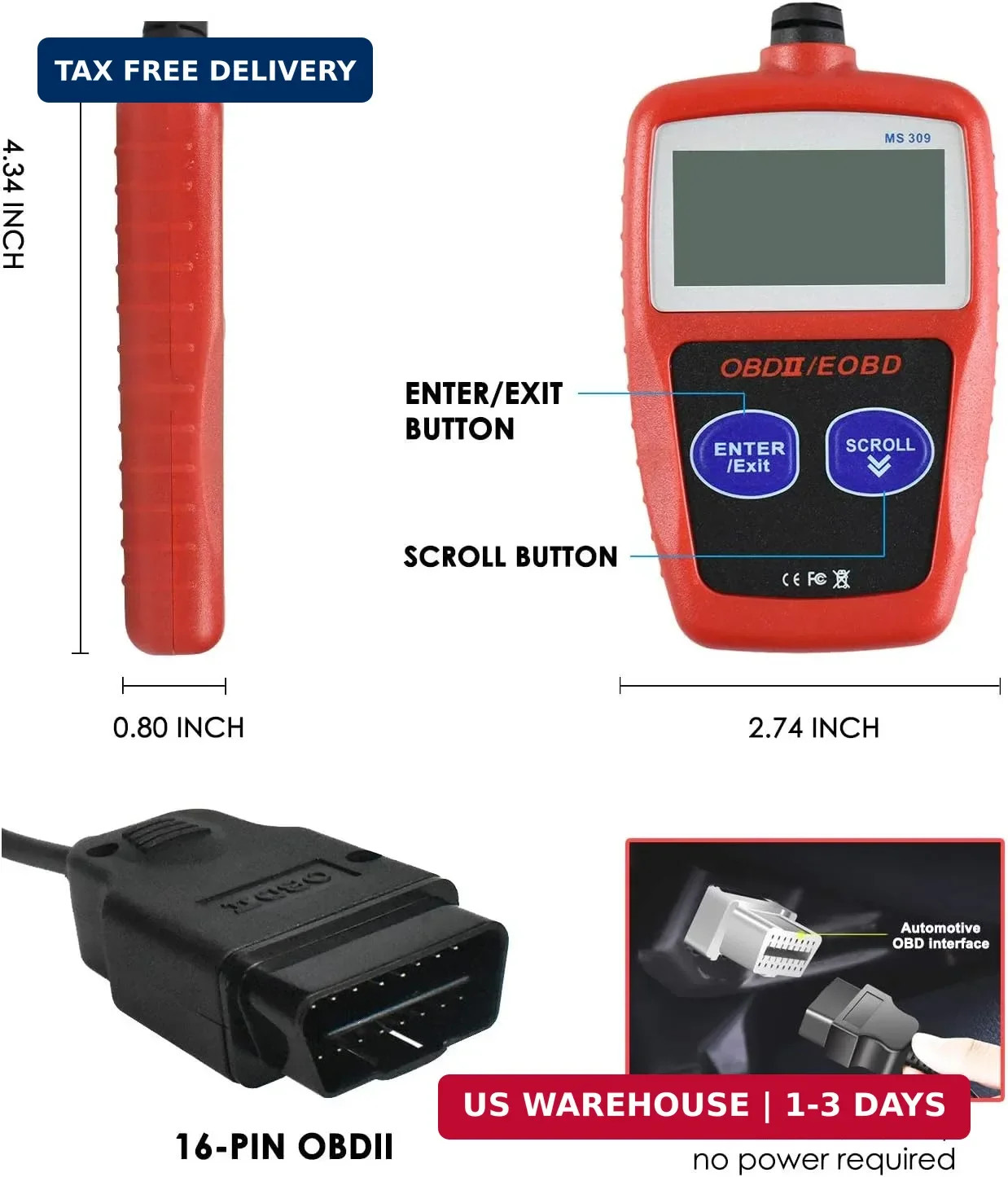 MS309 OBD2 Scanner Check Car Engine Light Fault Code Reader, Universal OBDII Dia
