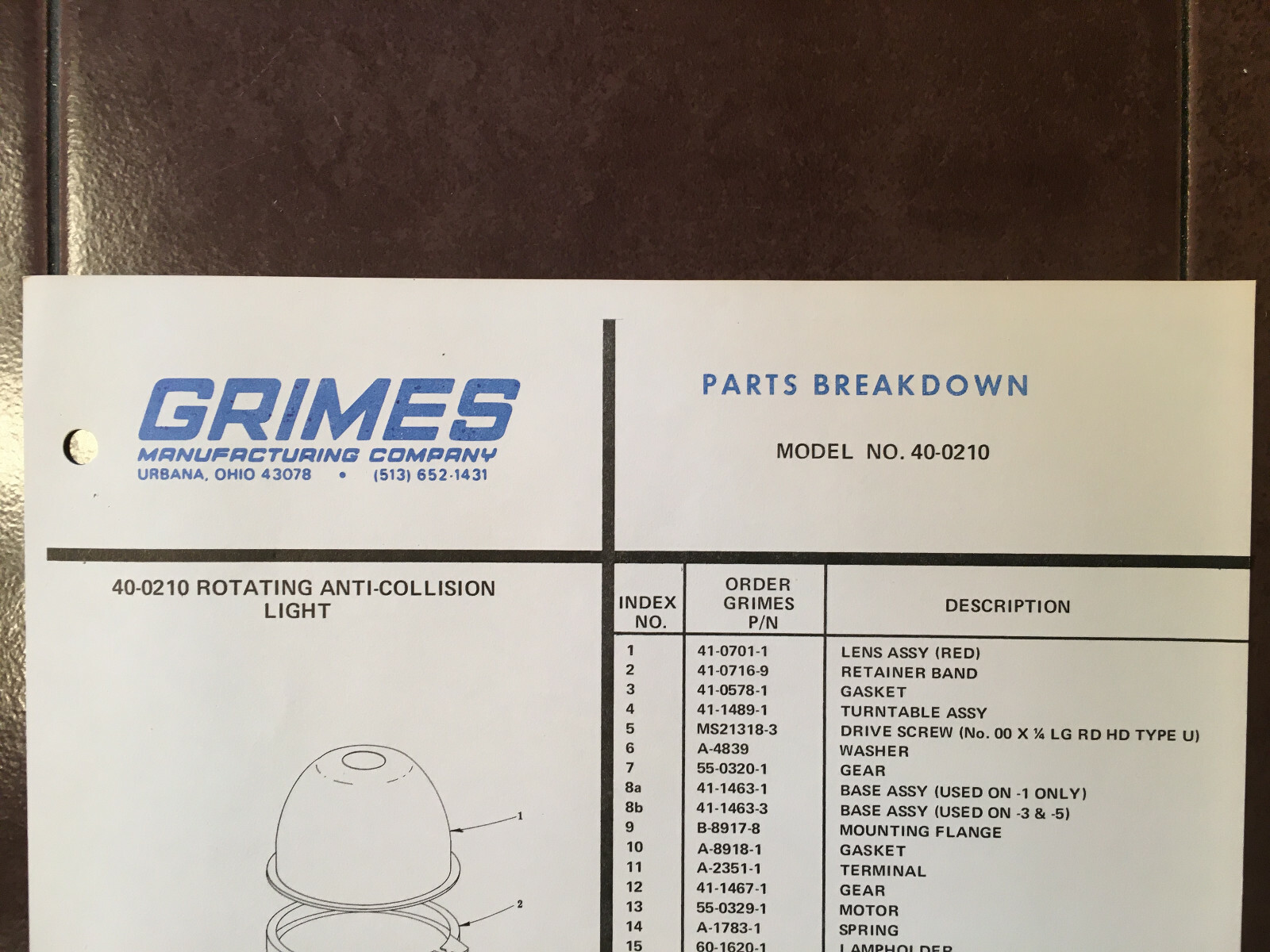 Grimes 40-0210 Parts Breakdown Instruction Sheet