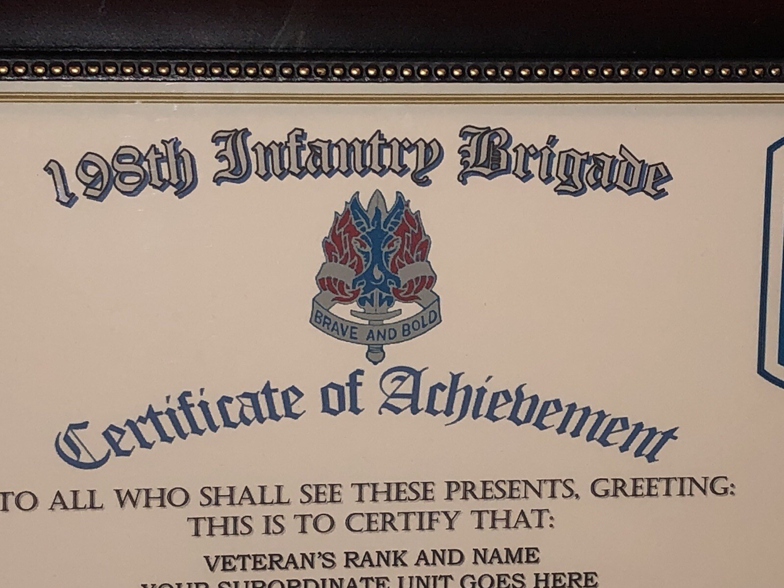 198TH INFANTRY BRIGADE - COA / (COMMEMORATIVE CERTIFICATE)
