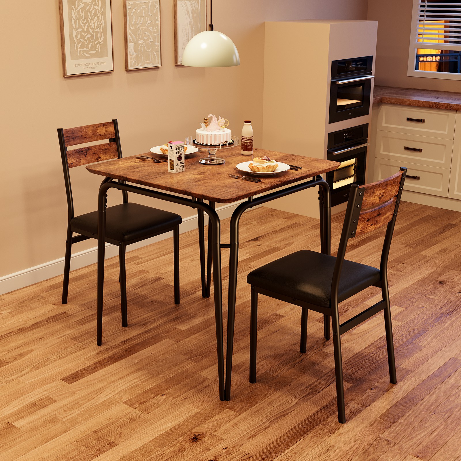 3 Piece Dining Set Gray Black Storage Compact Kitchen Dining Room Square Modern
