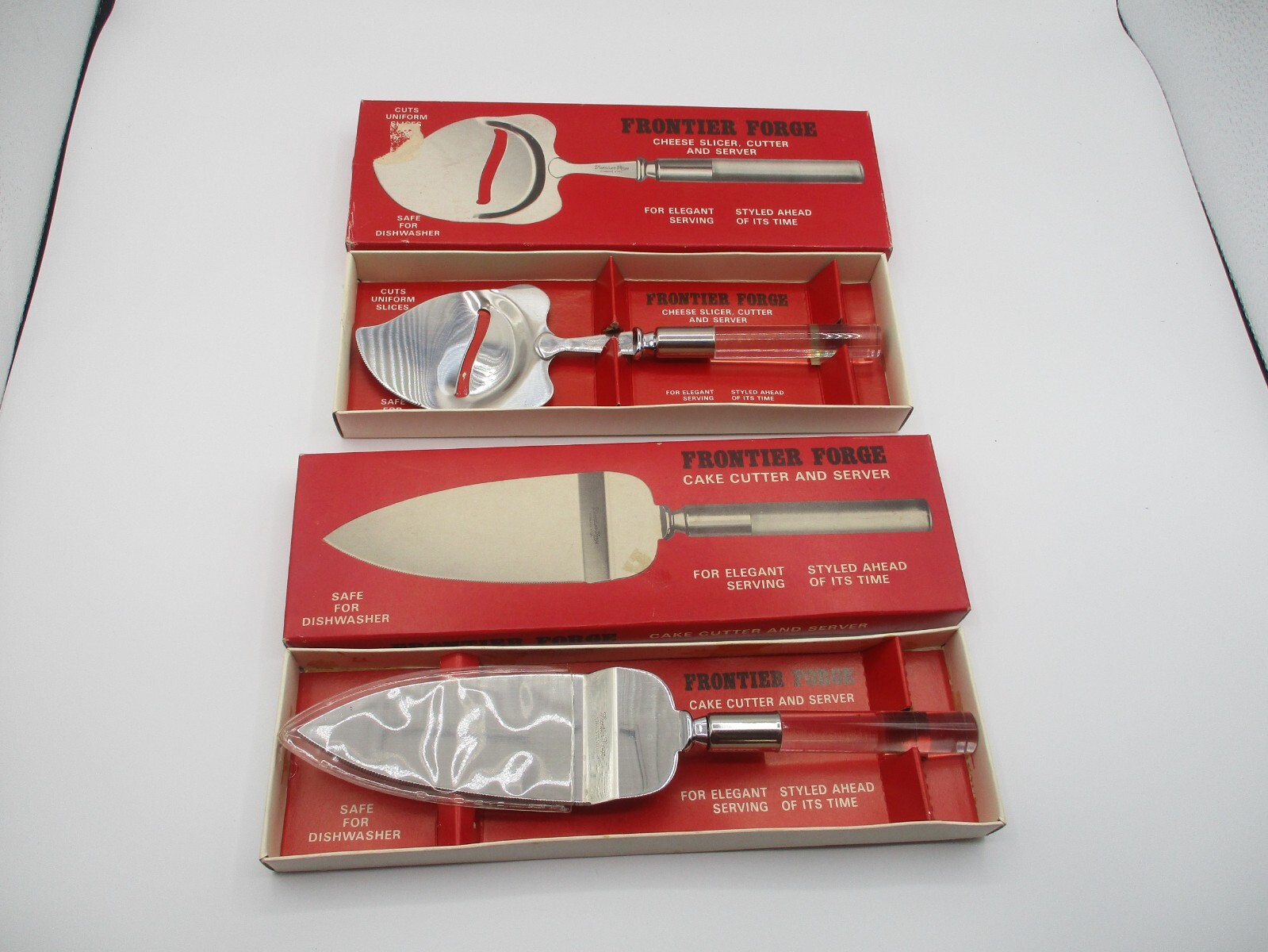 2 MCM FRONTIER FORGE STAINLESS w LUCITE HANDLE CHEESE SLICER & CAKE CUTTER MIB!
