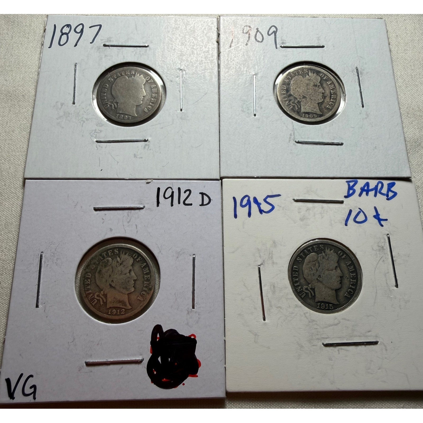 Lot of 4 Barber Dimes 1897 1909 1912 D 1915 US Silver 10c Coins H1025