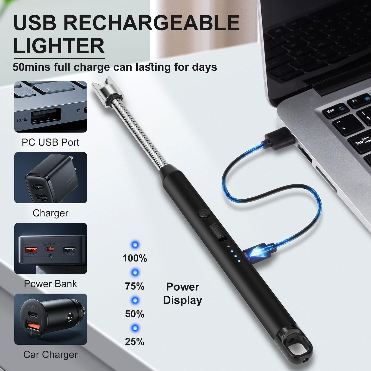 2 Pack Candle Lighter Windproof USB C Rechargeable Electric Lighters with 360...
