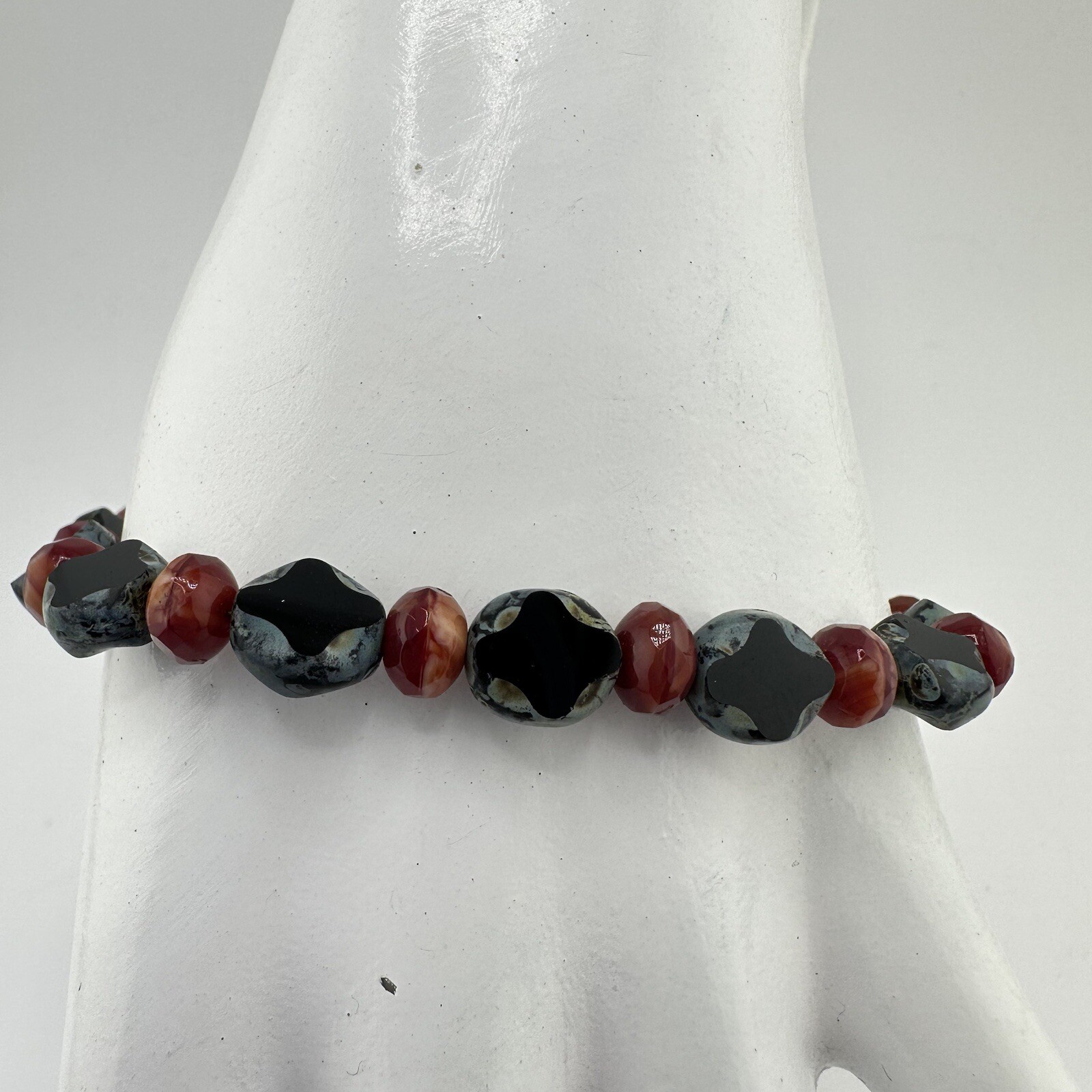 7” 925 Sterling Clasp Carnelian Rondelles Black Agate Slice Beaded Bracelet