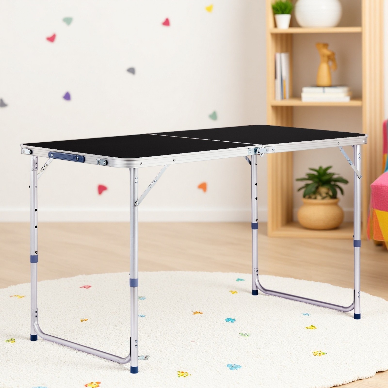 Folding Camping Table 4ft - Adjustable Patio Aluminum Frame Outdoor Picnic Black