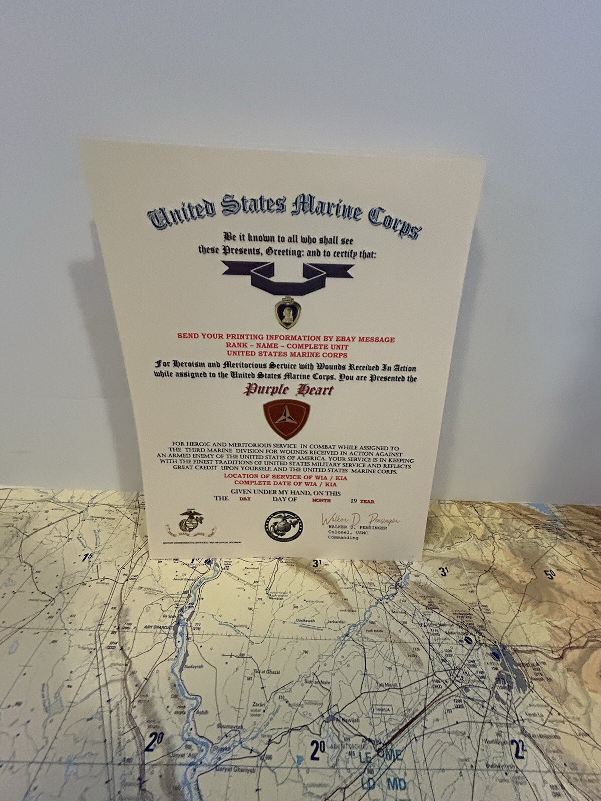 U.S.M.C. / P.H. MEDAL COMMEMORATIVE CERTIFICATE - 3RD MARINE DIVISION