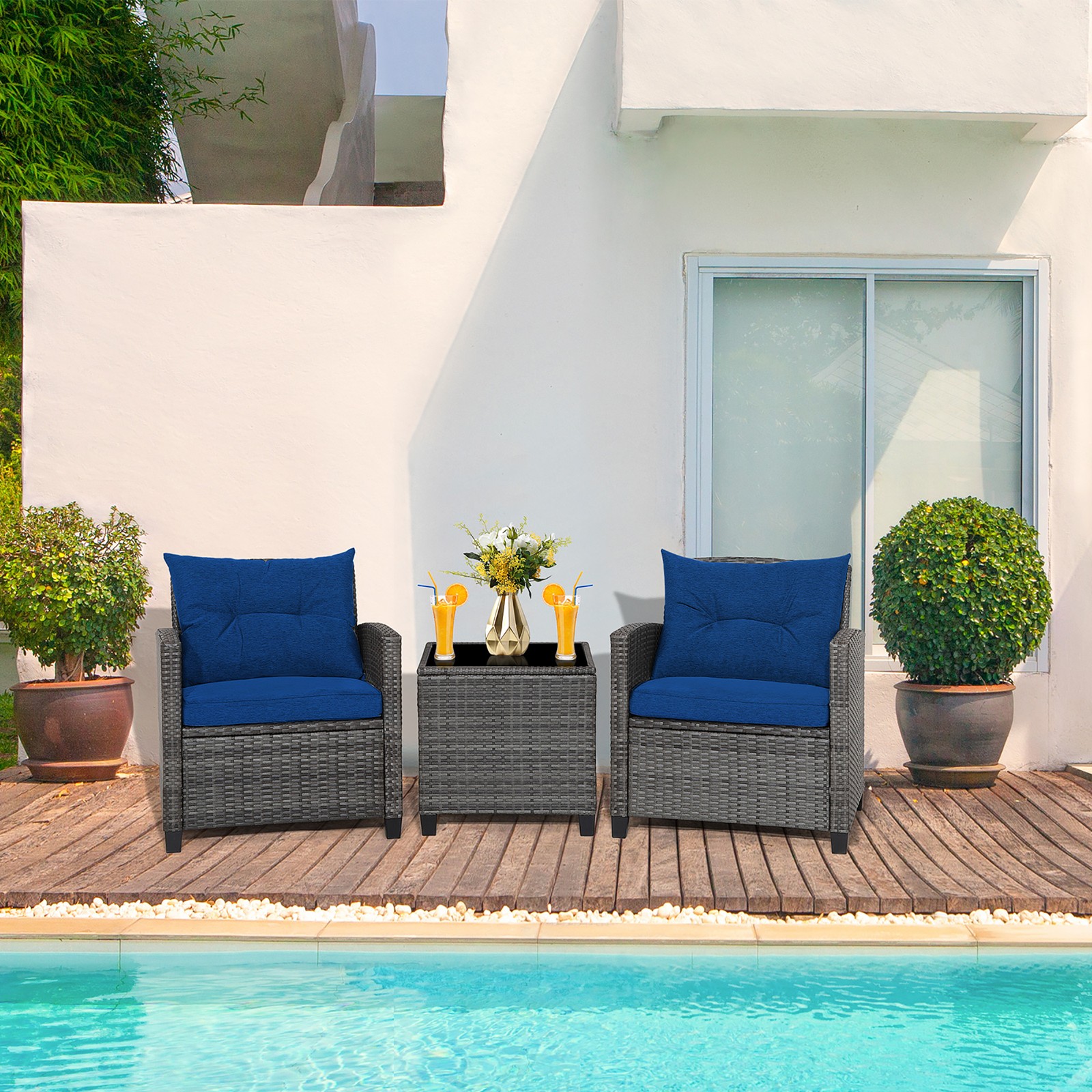 3PCS Patio Rattan Sofa Set Wicker Conversation Set Glass Tabletop w/Navy Cushion