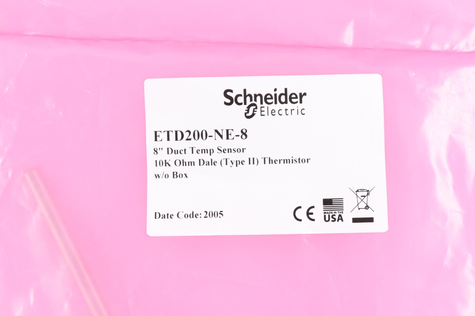 SCHNEIDER ELECTRIC ETD200-NE-8	8" DUCT TEMP SENSOR 10K OHM DALE THERMISTOR
