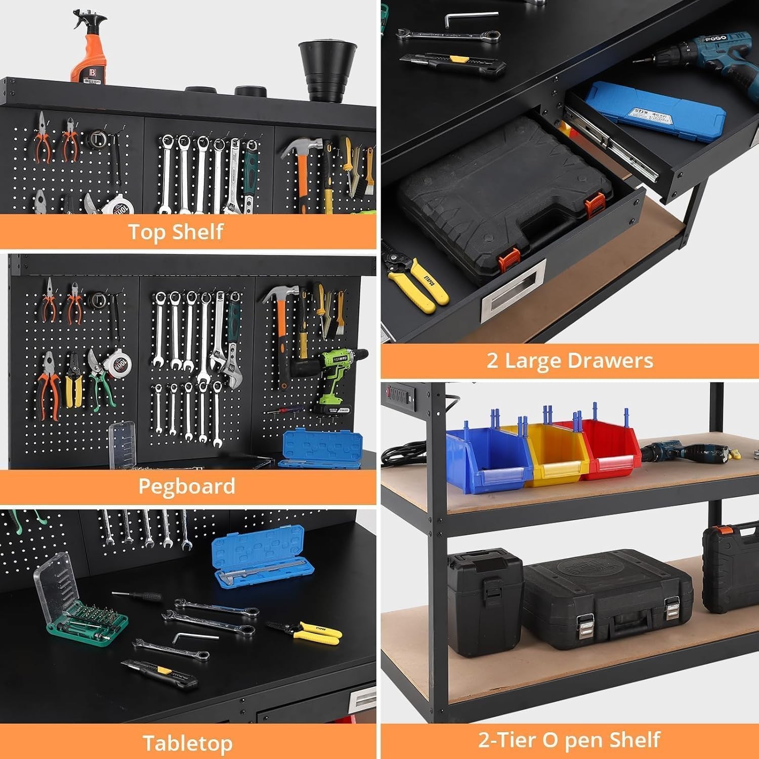 48" Workbench Multipurpose Garage Worktable w/ Pegboard Power Outlets & Drawers