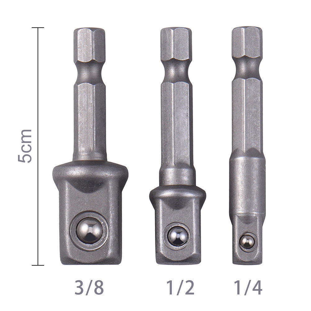 Socket Adapter Drill BIts Set Hex Shank 1/4" 3/8" 1/2" 3Pcs Impact Driver Tools