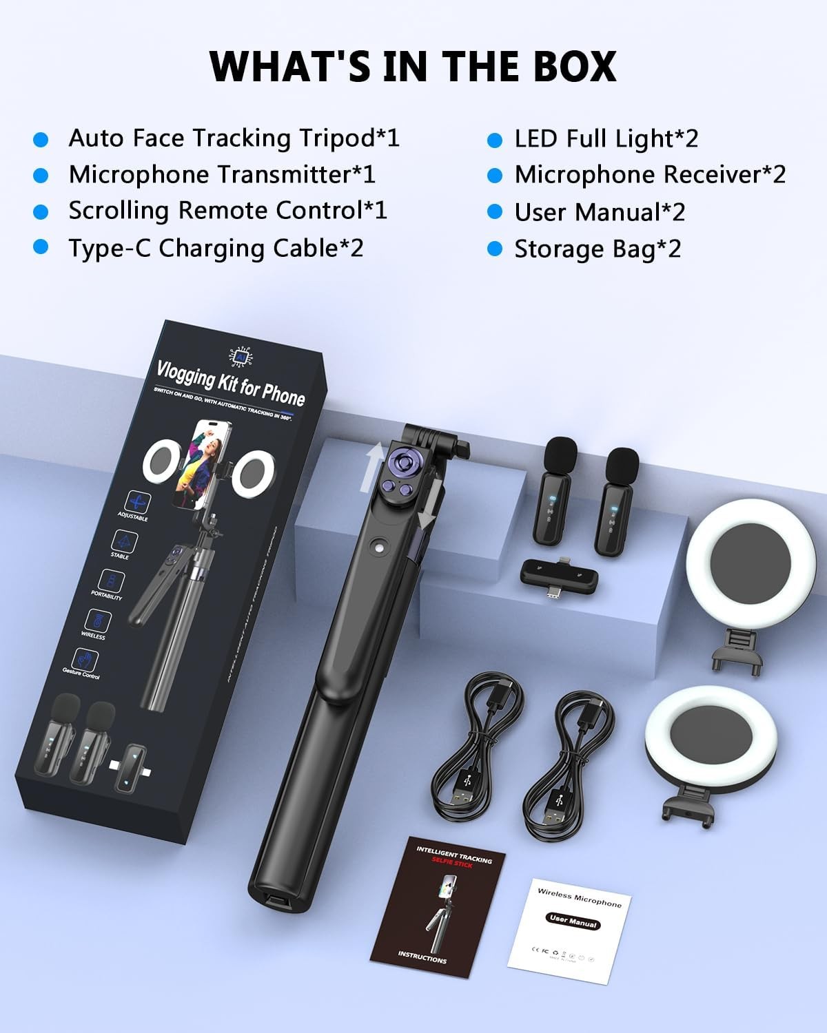 Vlogging Kit for iPhone/Android, 63”Auto Face Tracking Tripod for iPhone with Li
