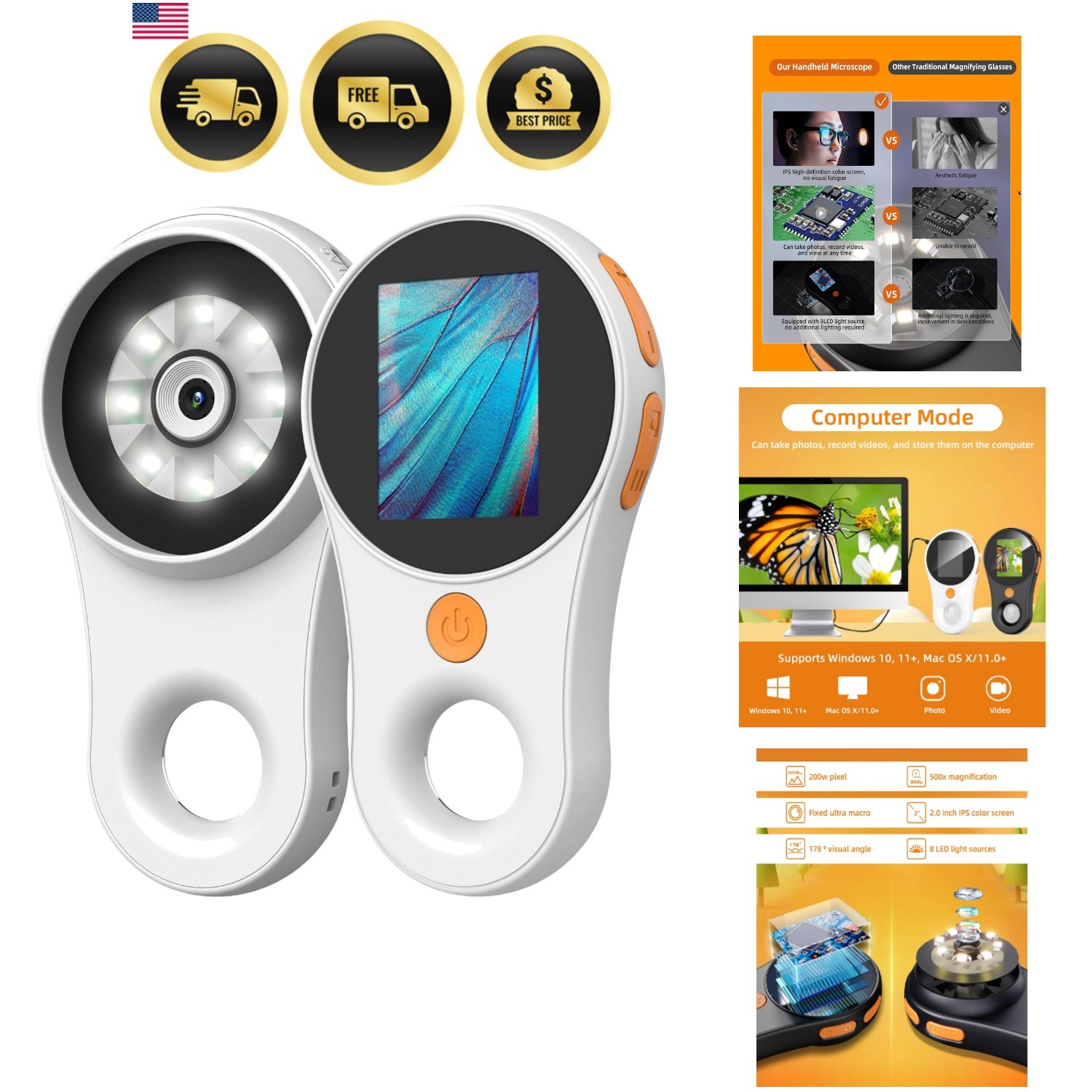 Digital Microscope Handheld 2.0 inch IPS Color Screen,Portable Digital Magnif...