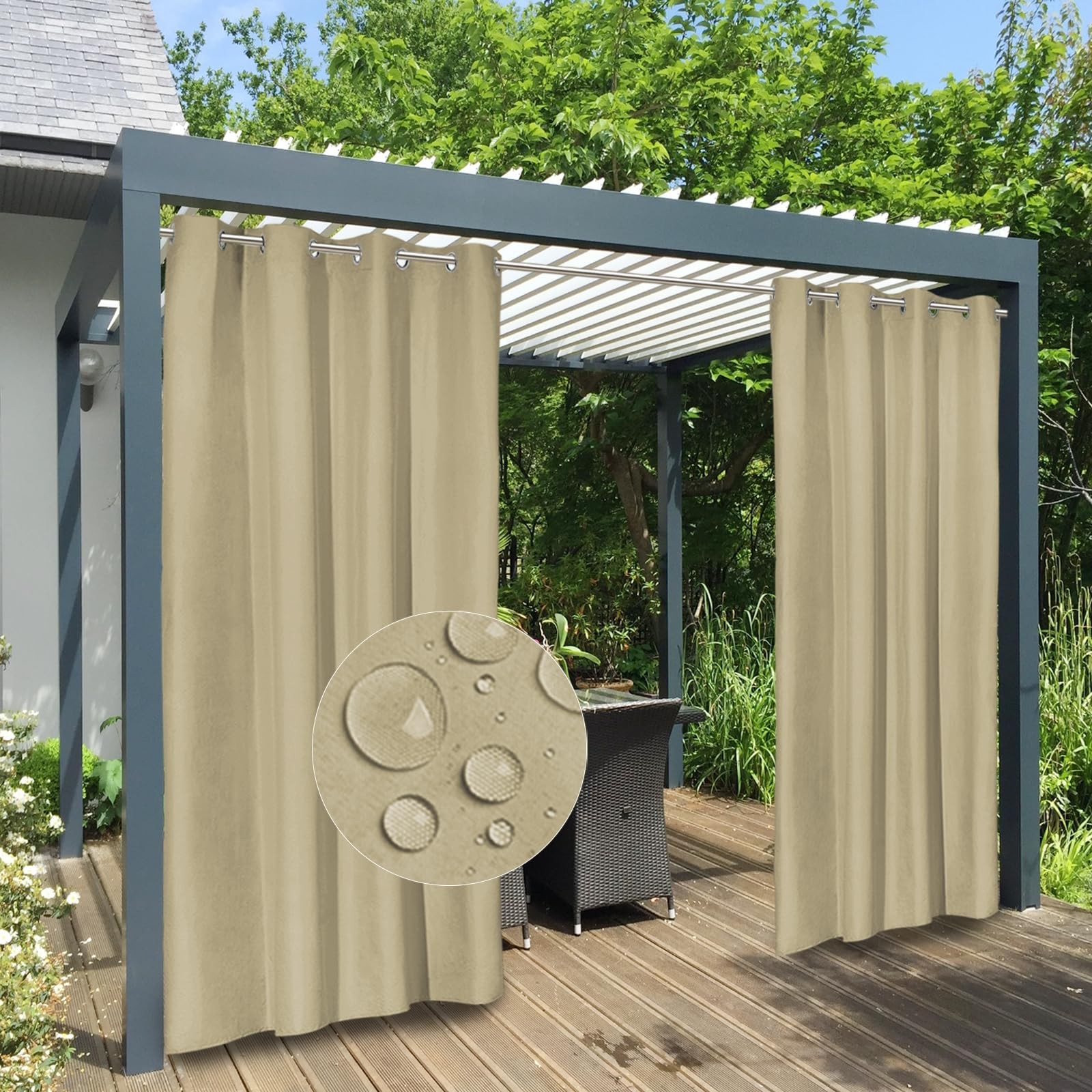 Easy-Going 100% Waterproof Outdoor Curtains Windproof Weatherproof Porch Curtain