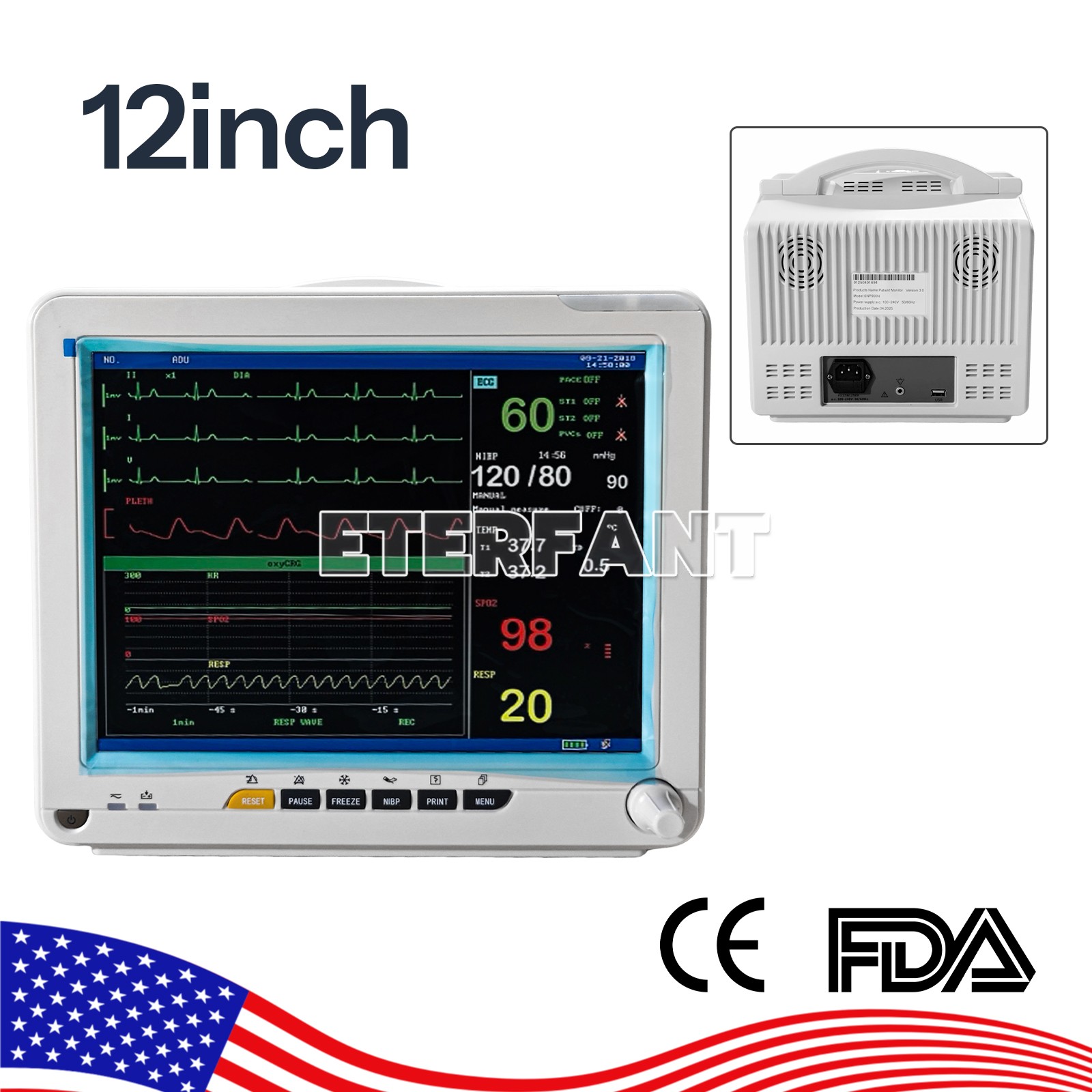 12" Patient Monitor ICU CCU Vital Sign for Hospital ECG NIBP RESP TEMP SPO2 PR