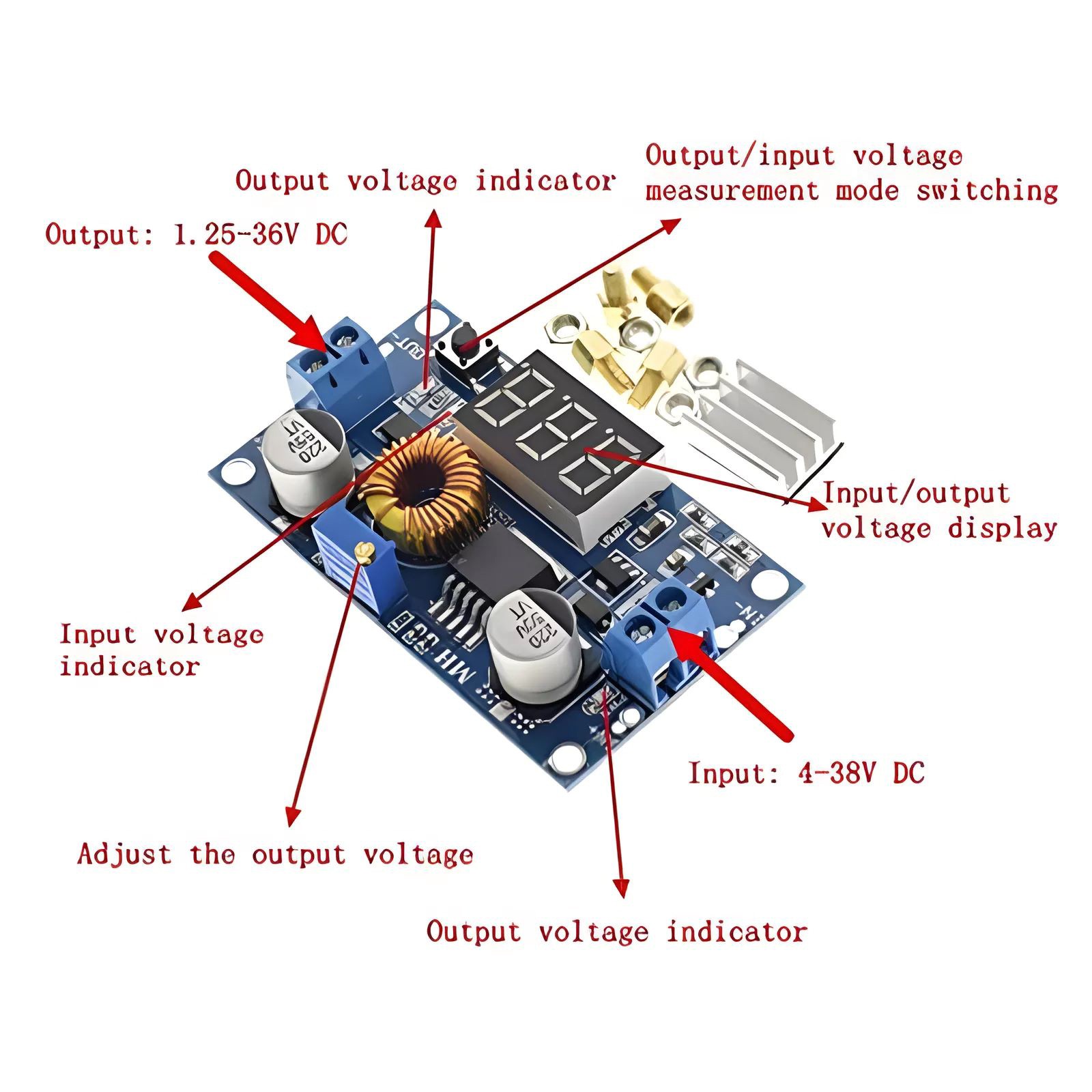 Voltmeter Heatsink Standoffs DC-DC Step Down 5A Adjustable New Range: 0-40V